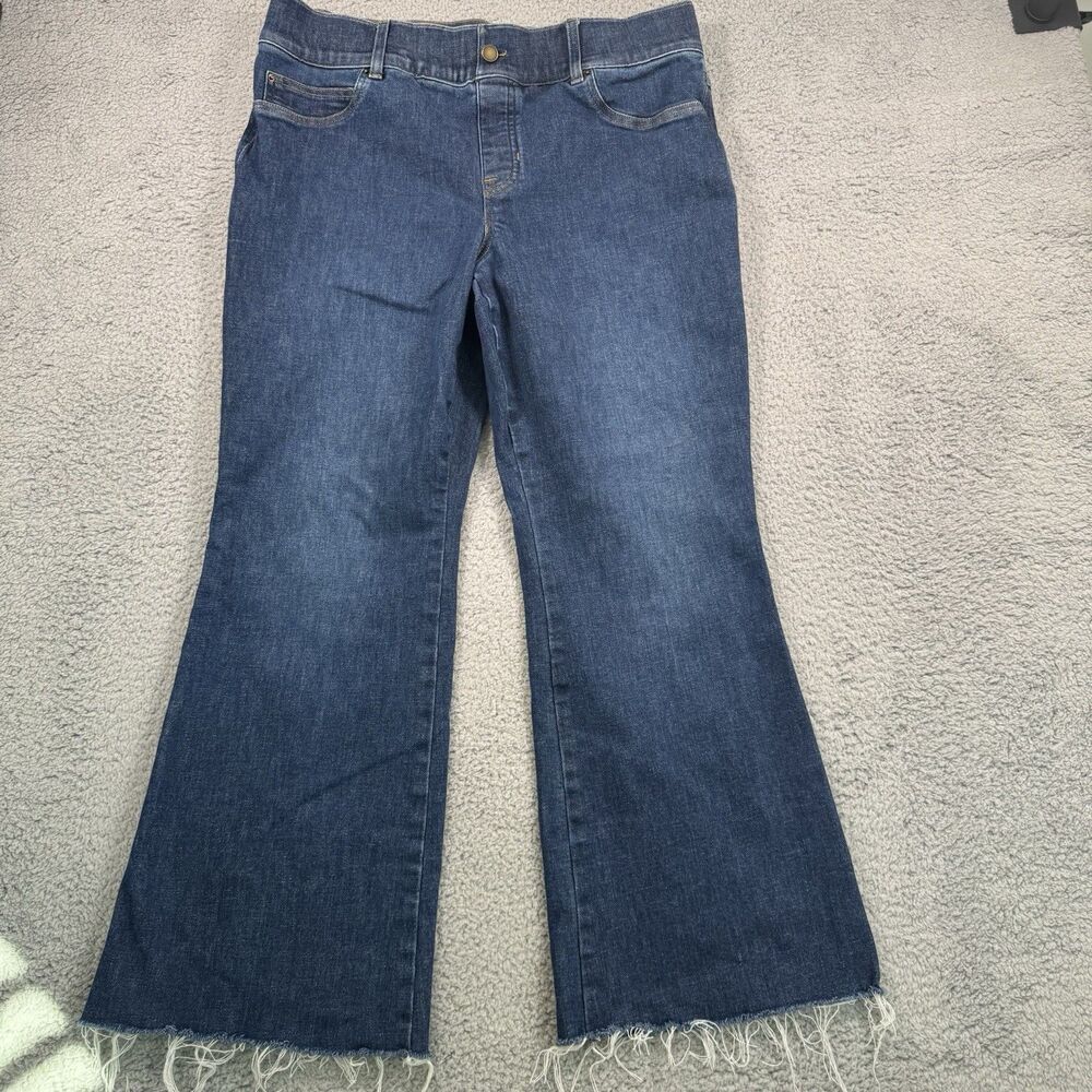 Spanx Jeans Women's 1X Dark Blue Flare Pull On Tummy Control Raw Hem